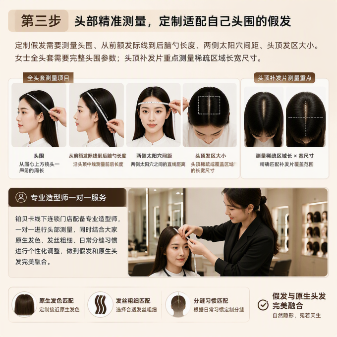 第三步，头部精准测量，定制适配自己头围的假发