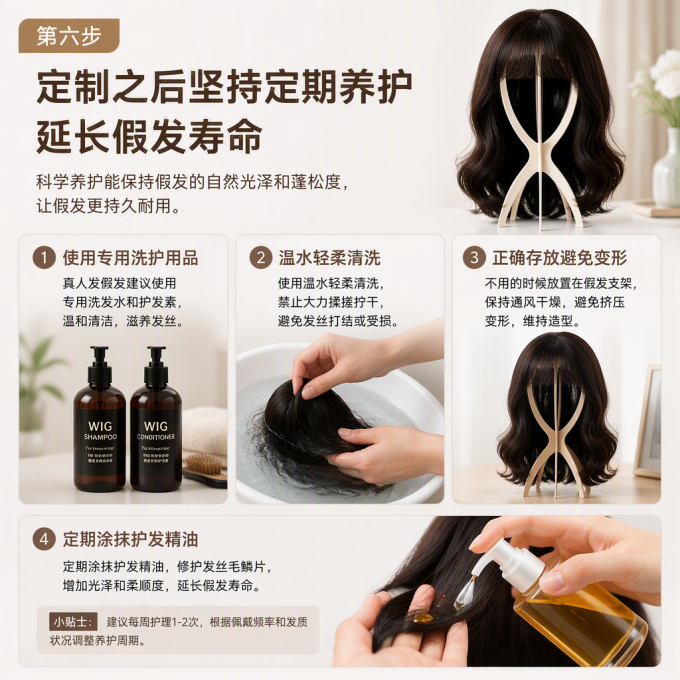 第六步，定制之后坚持定期养护延长假发寿命